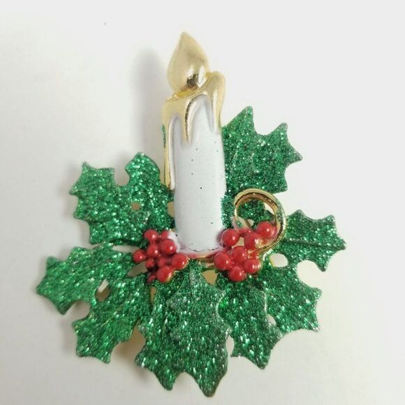 Vintage Holiday Candel with Holly Leaves Wreather, Green Red White Retro Estate - Picture 1 of 5